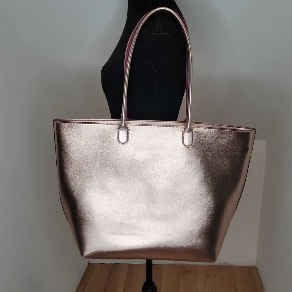 Bath & Body Works Rose Gold Metallic Large Tote Handbag Bag Purple Lining